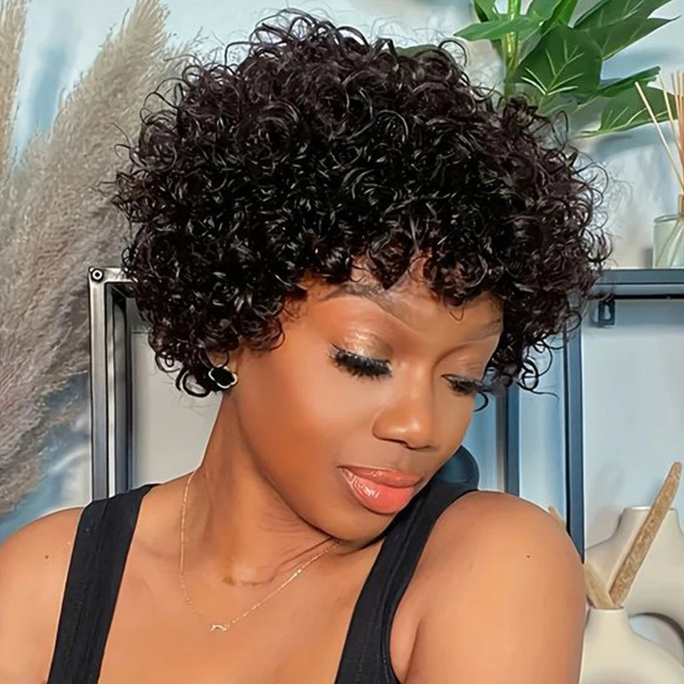 Short Pixie Afro Kinky Curly Wig Natural Brown Bob Wig with Bangs Brazilian Remy Human Hair Wigs Jerry Curly For Women