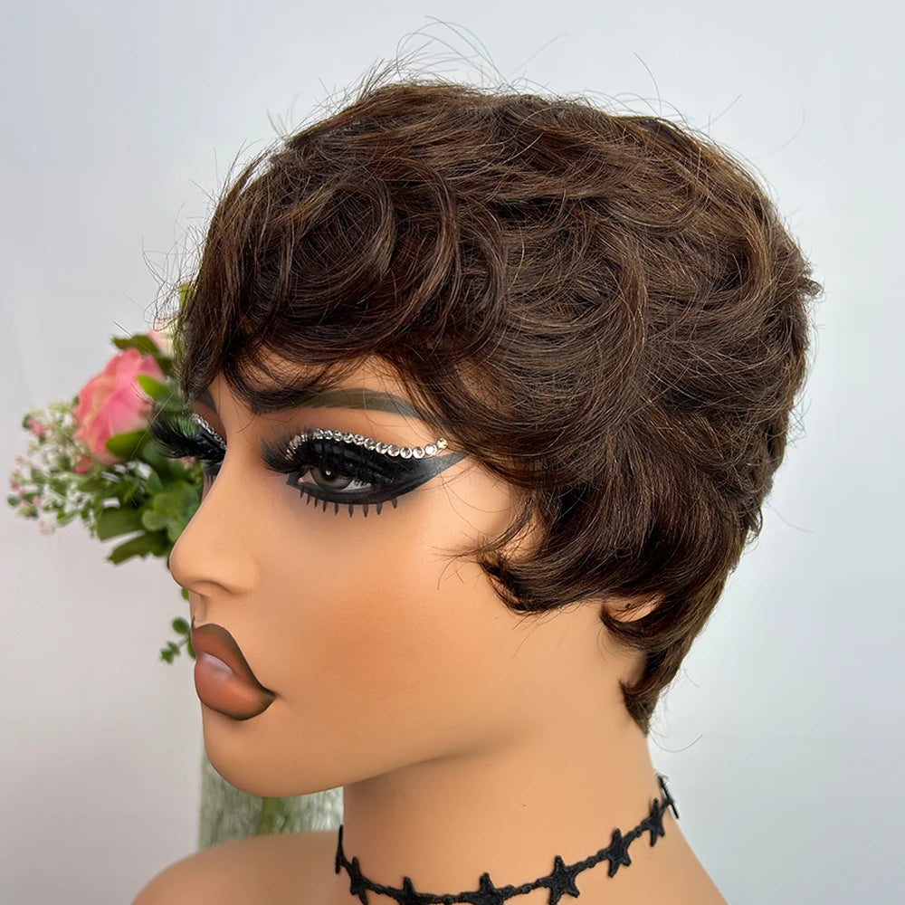 Short Human Hair Wigs Pixie Cut Straight for Black Women Machine Made Wigs With Bangs Cheap Glueless Wig