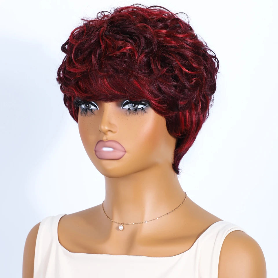 Short Pixie Cut 100% Human Hair Wigs For Women Brazilian Remy Hair Natural Dark Full Machine Made Daily Colored Bob Wig