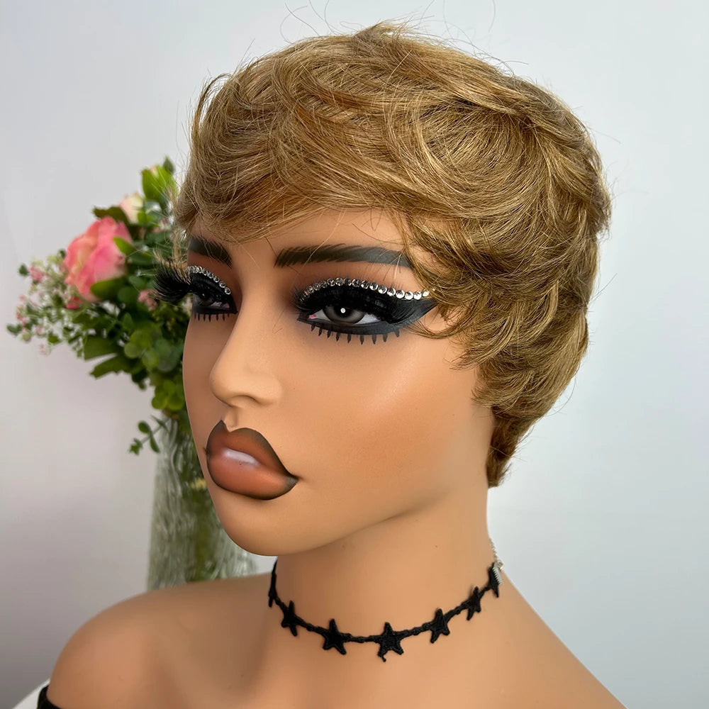 Short Human Hair Wigs Pixie Cut Straight for Black Women Machine Made Wigs With Bangs Cheap Glueless Wig