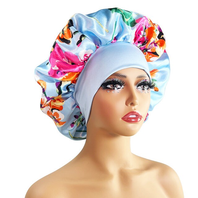 Sky Blue Reversible Anti-slip- Adult Large Satin Silk Hair Night Bonnet Cap | Hair Accessories | Women Hair Care