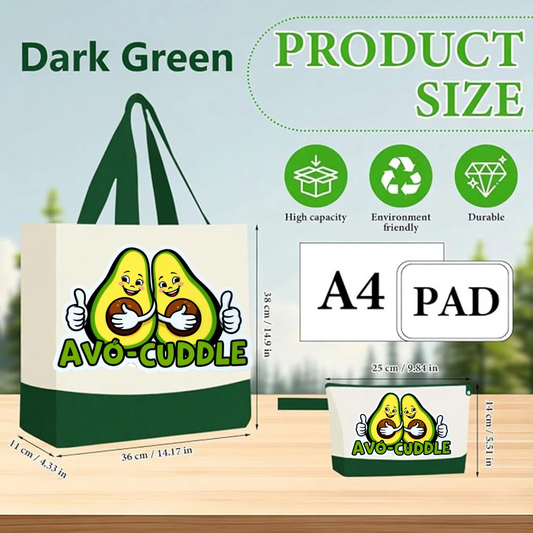 Dark Green - Avo cuddle Funny Avocado Canvas Tote Bag with Matching Pouch | Reusable Aesthetic Shopper Gift