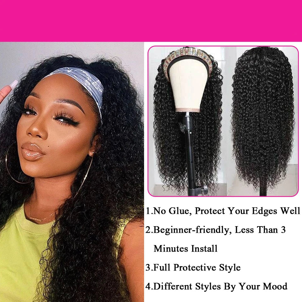 Headband Wig Human Hair Kinky Curly. No Glue Full Machine Made Brazilian Remy Human Hair Wigs For Women 180% Density