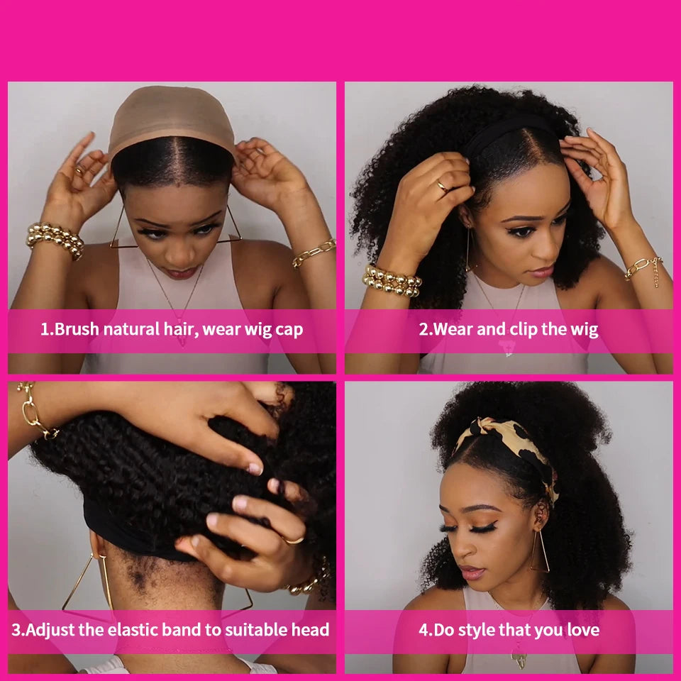 Headband Wig Human Hair Kinky Curly. No Glue Full Machine Made Brazilian Remy Human Hair Wigs For Women 180% Density
