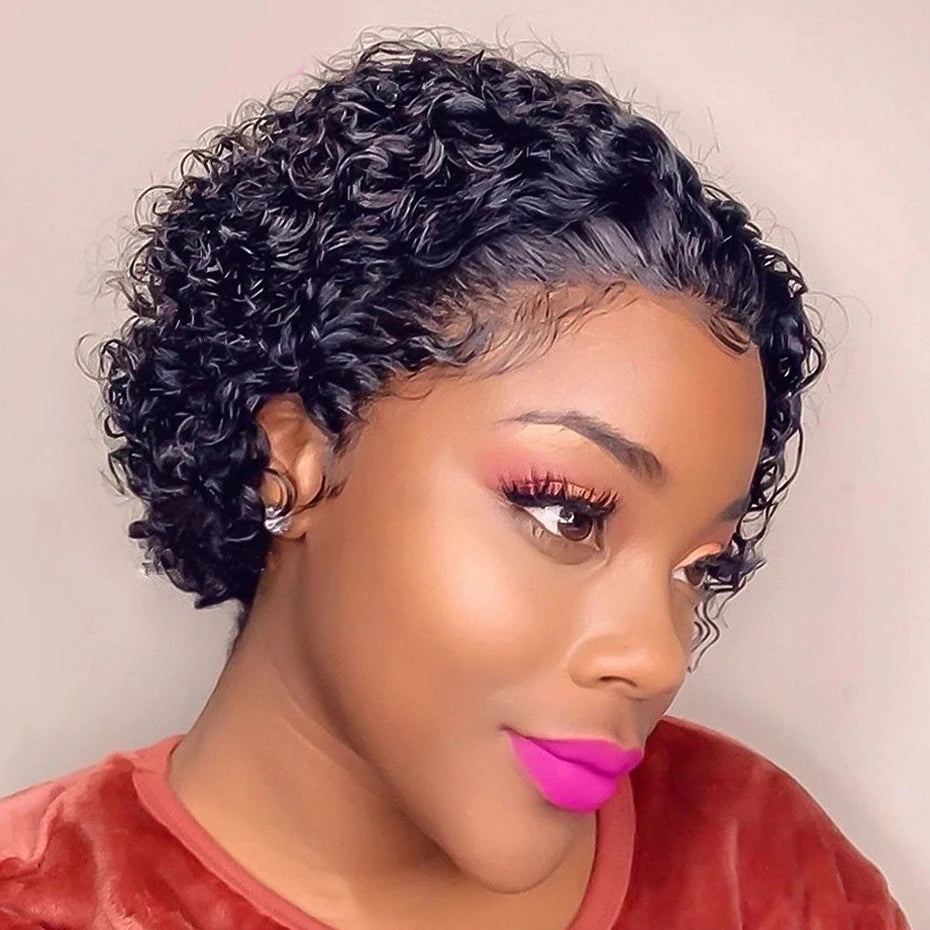 Short Pixie Bob Lace Wig Curly 13x1 Lace Closure Human Hair Wigs Remy Curly Lace Frontal Wig Natural Black