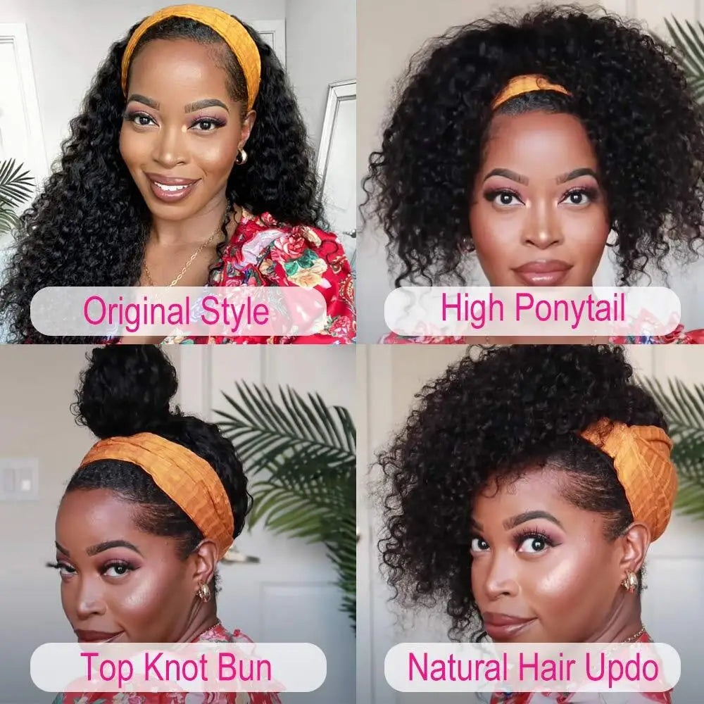 Headband Wig Human Hair Kinky Curly. No Glue Full Machine Made Brazilian Remy Human Hair Wigs For Women 180% Density