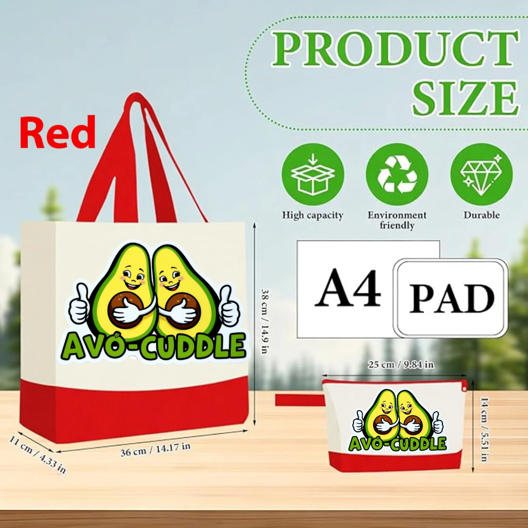 Red - Avo cuddle Funny Avocado Canvas Tote Bag with Matching Pouch | Reusable Aesthetic Shopper Gift