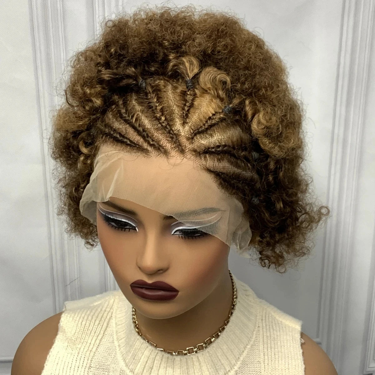 13x4 Lace Frontal Short Afro Kinky Curly Bob Braided Hair Wig 8 Inch Black Human Hair Wigs PrePlucked Bouncy Curly Wig for Women