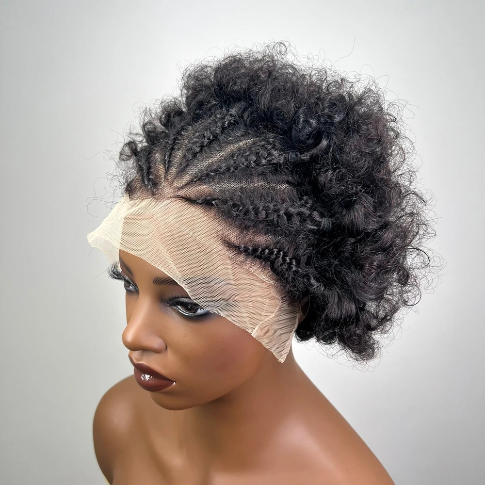 13x4 Lace Braided Wig Handmade Human Hair Afro 13x4 Lace Frontal Wig Cornrow Soft Afro Kinky Curly Wig Wog for Black Women