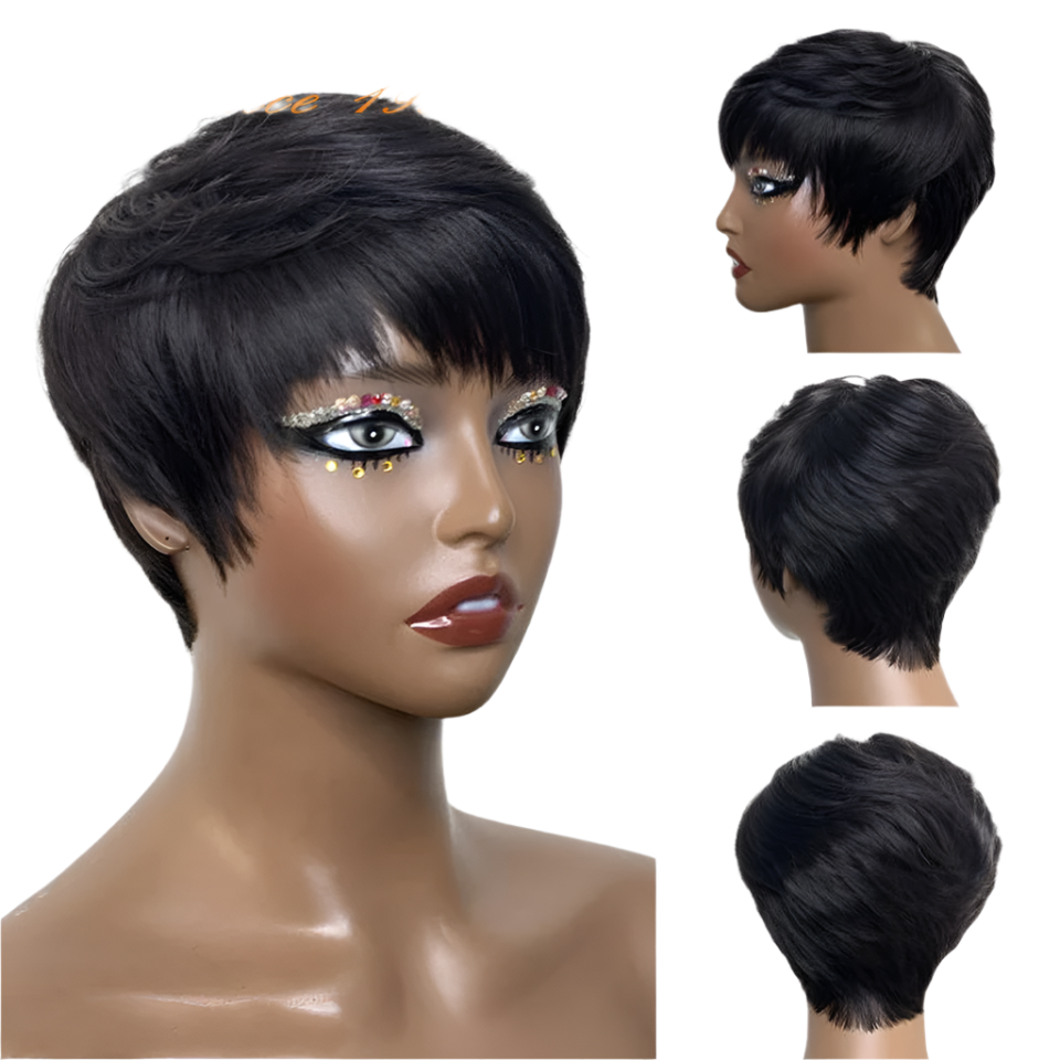 1B Pixie Short Cut Colored Straight Human Hair Wigs With Bangs Fringe Full Machine Made Wigs For Women Brazilian Natural Black