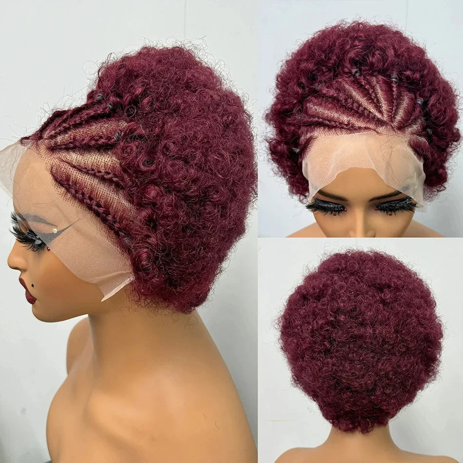 13x4 Lace Frontal Short Afro Kinky Curly Bob Braided Hair Wig 8 Inch Black Human Hair Wigs PrePlucked Bouncy Curly Wig for Women