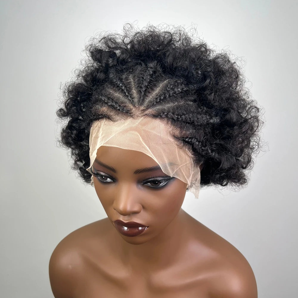 13x4 Lace Braided Wig Handmade Human Hair Afro 13x4 Lace Frontal Wig Cornrow Soft Afro Kinky Curly Wig Wog for Black Women