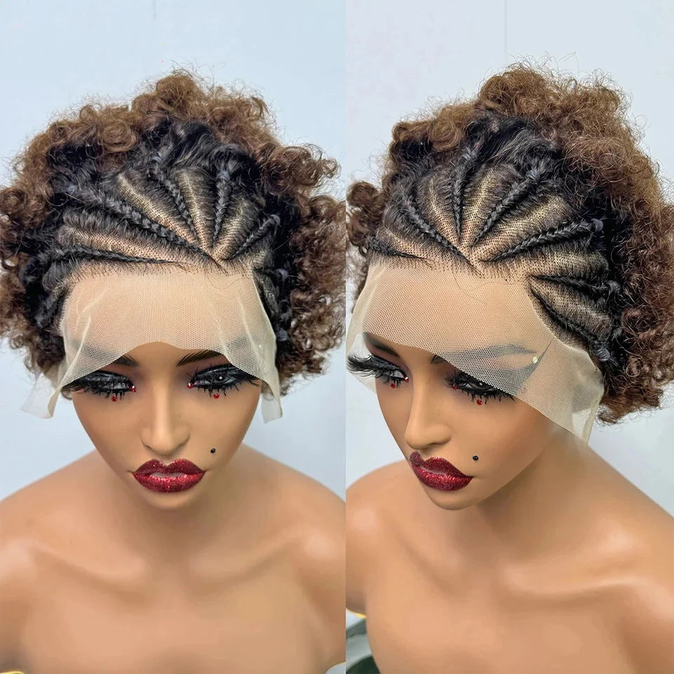 13x4 Lace Frontal Short Afro Kinky Curly Bob Braided Hair Wig 8 Inch Black Human Hair Wigs PrePlucked Bouncy Curly Wig for Women