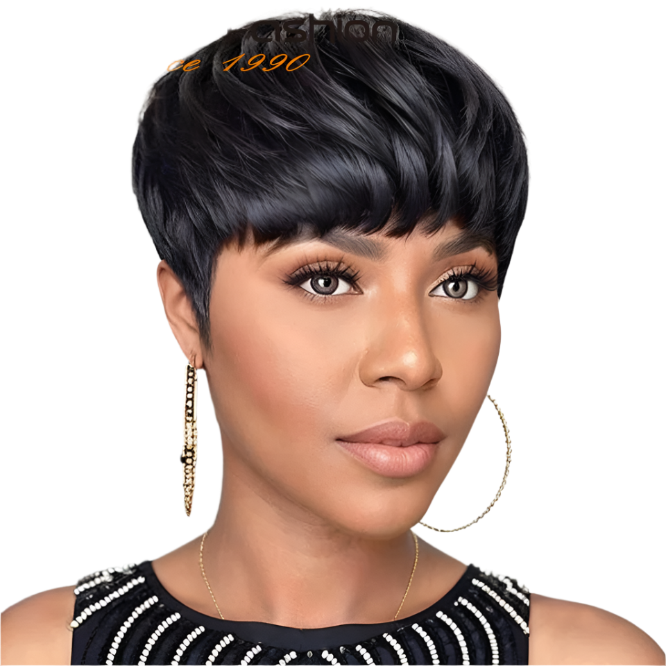 1B Pixie Short Cut Colored Straight Human Hair Wigs With Bangs Fringe Full Machine Made Wigs For Women Brazilian Natural Black