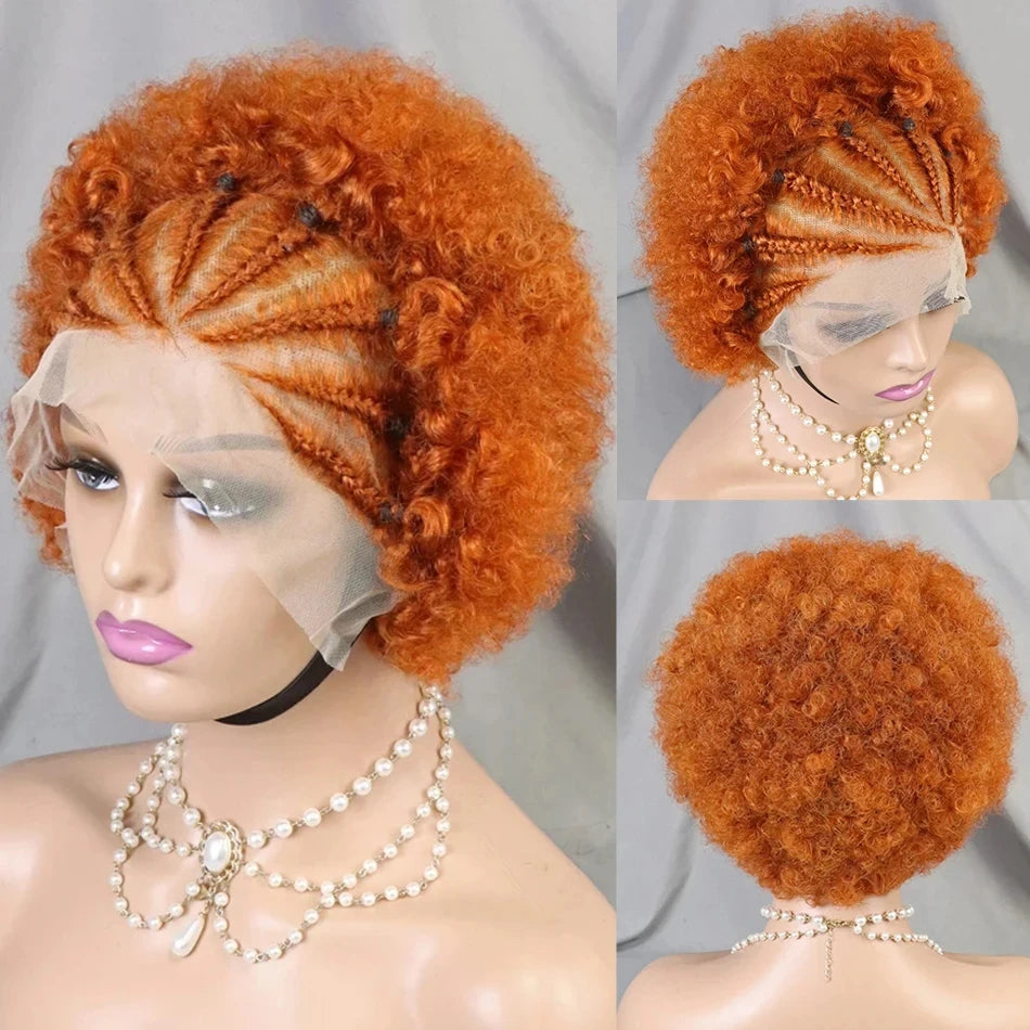 13x4 Lace Frontal Short Afro Kinky Curly Bob Braided Hair Wig 8 Inch Black Human Hair Wigs PrePlucked Bouncy Curly Wig for Women