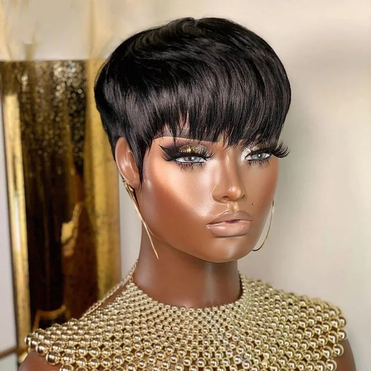 Short Human Hair Wigs Pixie Cut Straight  for Black Women Machine Made Wigs With Bangs Cheap Glueless Wig