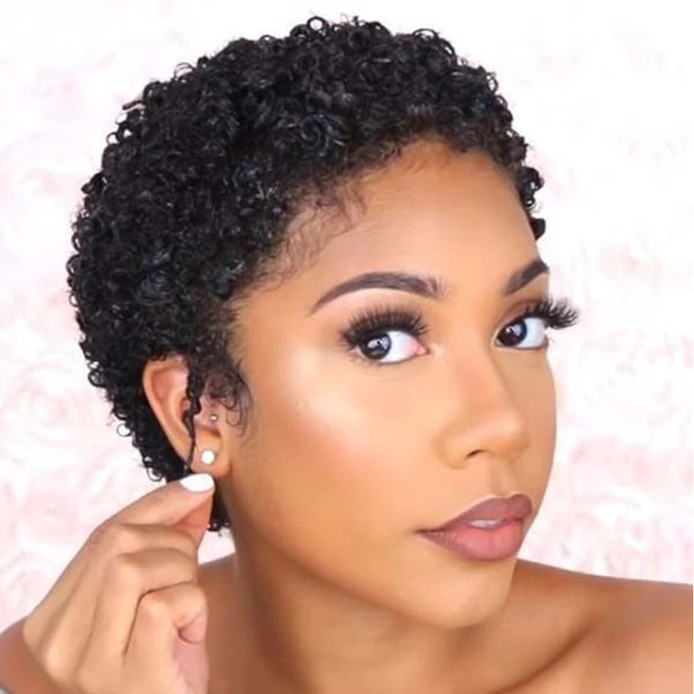 100% Human Hair Afro Curly Wig for Women – Natural Pixie Chic, Comfort Rose Net | Easy Machine Made