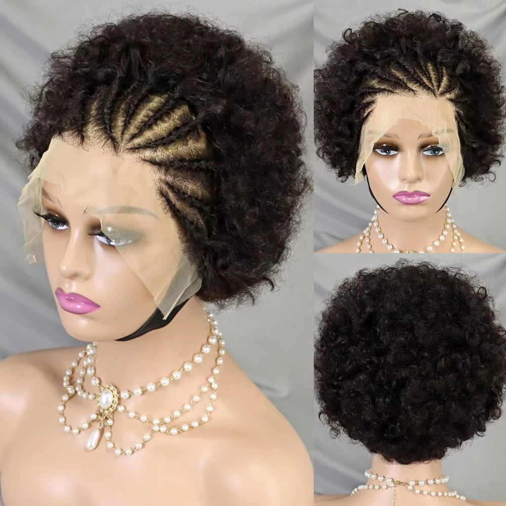 13x4 Lace Frontal Short Afro Kinky Curly Bob Braided Hair Wig 8 Inch Black Human Hair Wigs PrePlucked Bouncy Curly Wig for Women