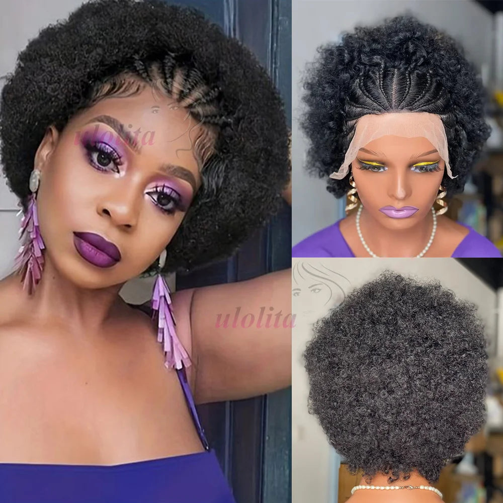 13x4 Lace Frontal Short Afro Kinky Curly Bob Braided Hair Wig 8 Inch Black Human Hair Wigs PrePlucked Bouncy Curly Wig for Women