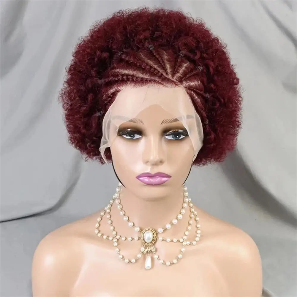 13x4 Lace Frontal Short Afro Kinky Curly Bob Braided Hair Wig 8 Inch Black Human Hair Wigs PrePlucked Bouncy Curly Wig for Women