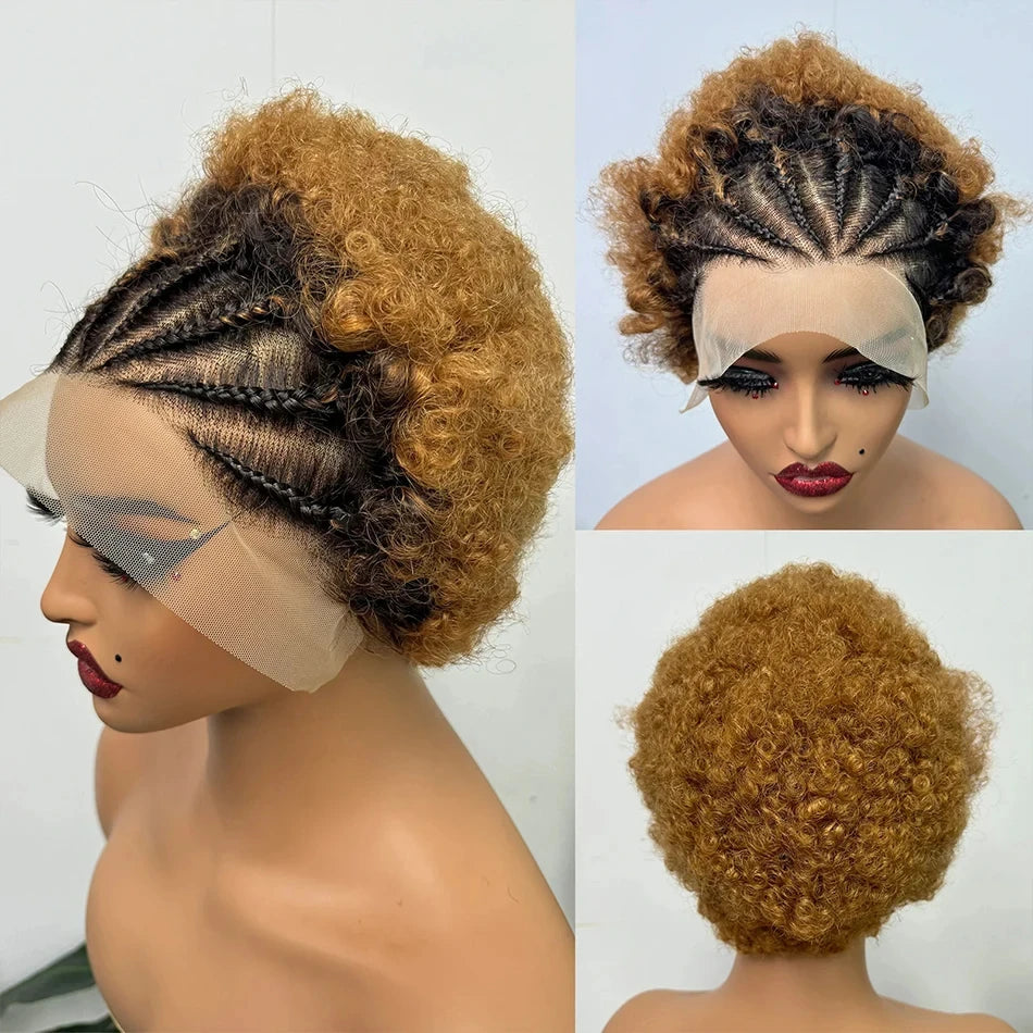 13x4 Lace Frontal Short Afro Kinky Curly Bob Braided Hair Wig 8 Inch Black Human Hair Wigs PrePlucked Bouncy Curly Wig for Women