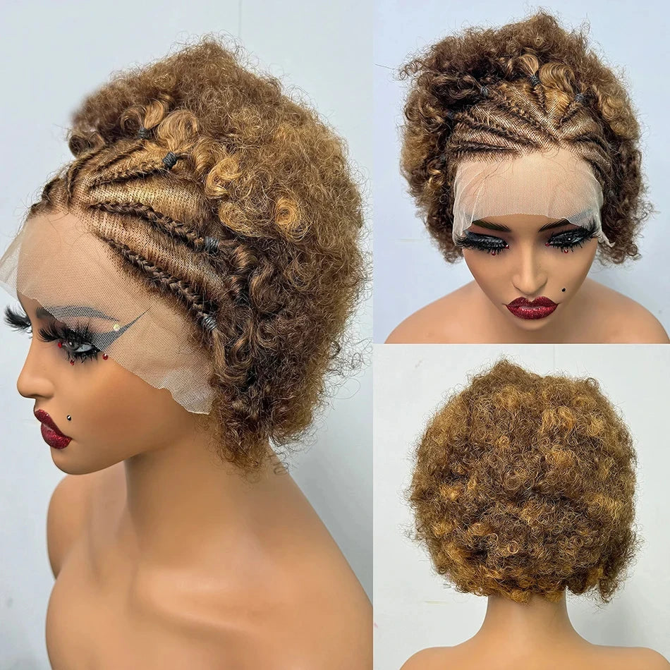 13x4 Lace Frontal Short Afro Kinky Curly Bob Braided Hair Wig 8 Inch Black Human Hair Wigs PrePlucked Bouncy Curly Wig for Women
