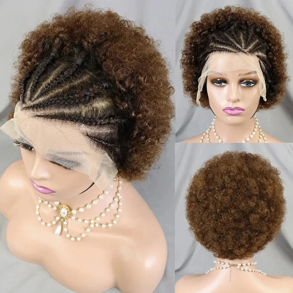 13x4 Lace Frontal Short Afro Kinky Curly Bob Braided Hair Wig 8 Inch Black Human Hair Wigs PrePlucked Bouncy Curly Wig for Women