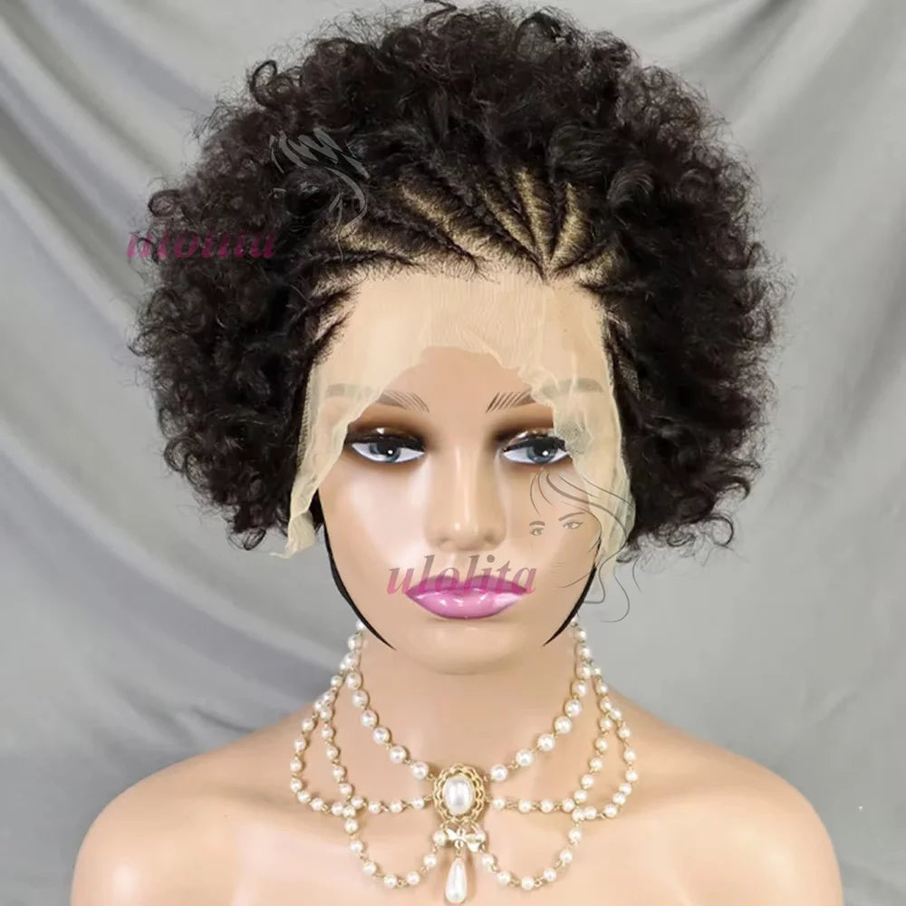 13x4 Lace Frontal Short Afro Kinky Curly Bob Braided Hair Wig 8 Inch Black Human Hair Wigs PrePlucked Bouncy Curly Wig for Women