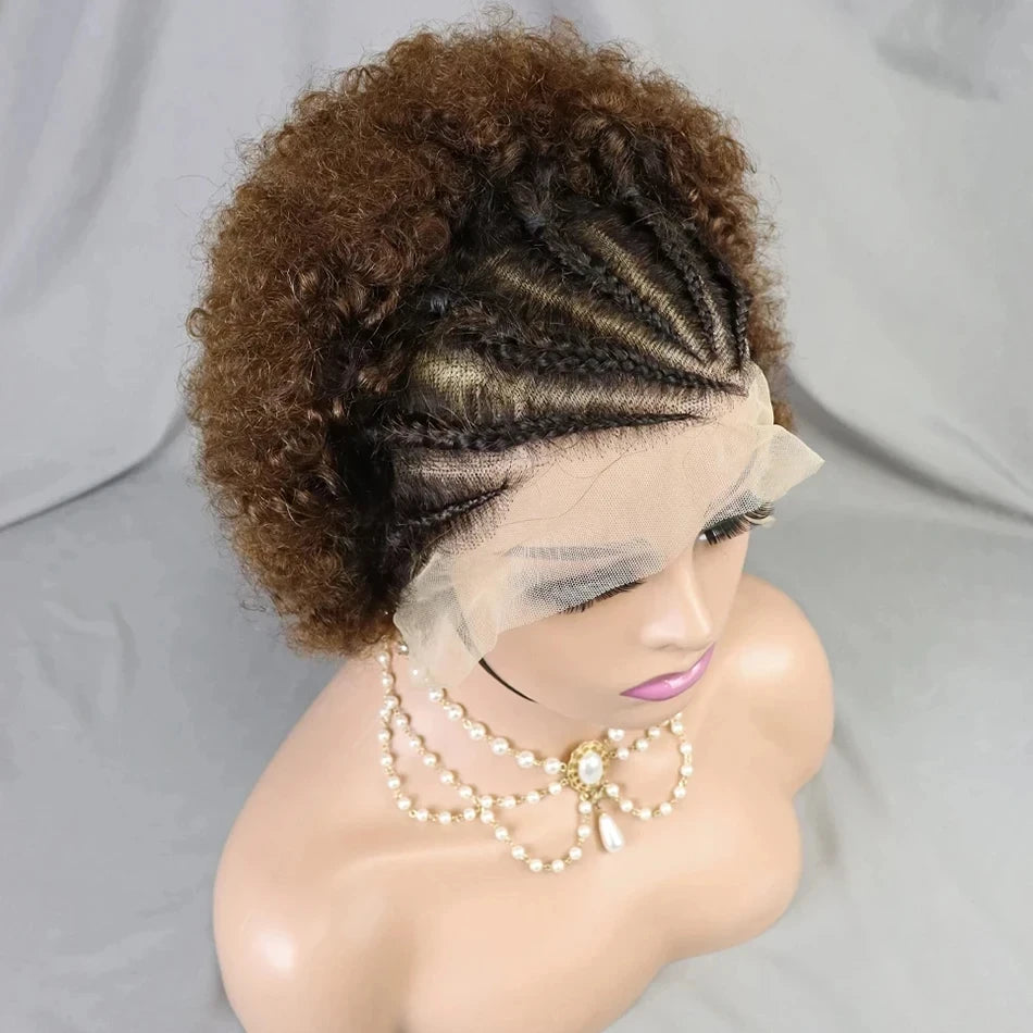 13x4 Lace Frontal Short Afro Kinky Curly Bob Braided Hair Wig 8 Inch Black Human Hair Wigs PrePlucked Bouncy Curly Wig for Women