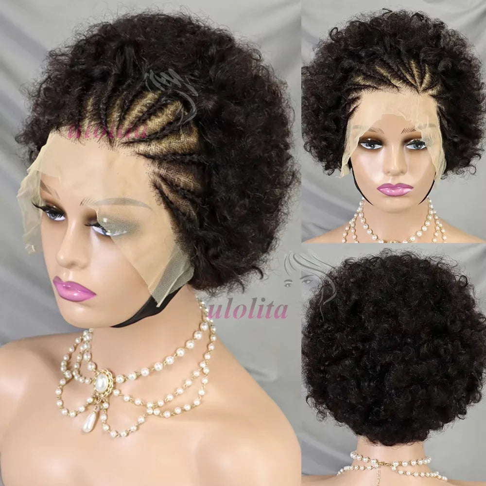 13x4 Lace Frontal Short Afro Kinky Curly Bob Braided Hair Wig 8 Inch Black Human Hair Wigs PrePlucked Bouncy Curly Wig for Women