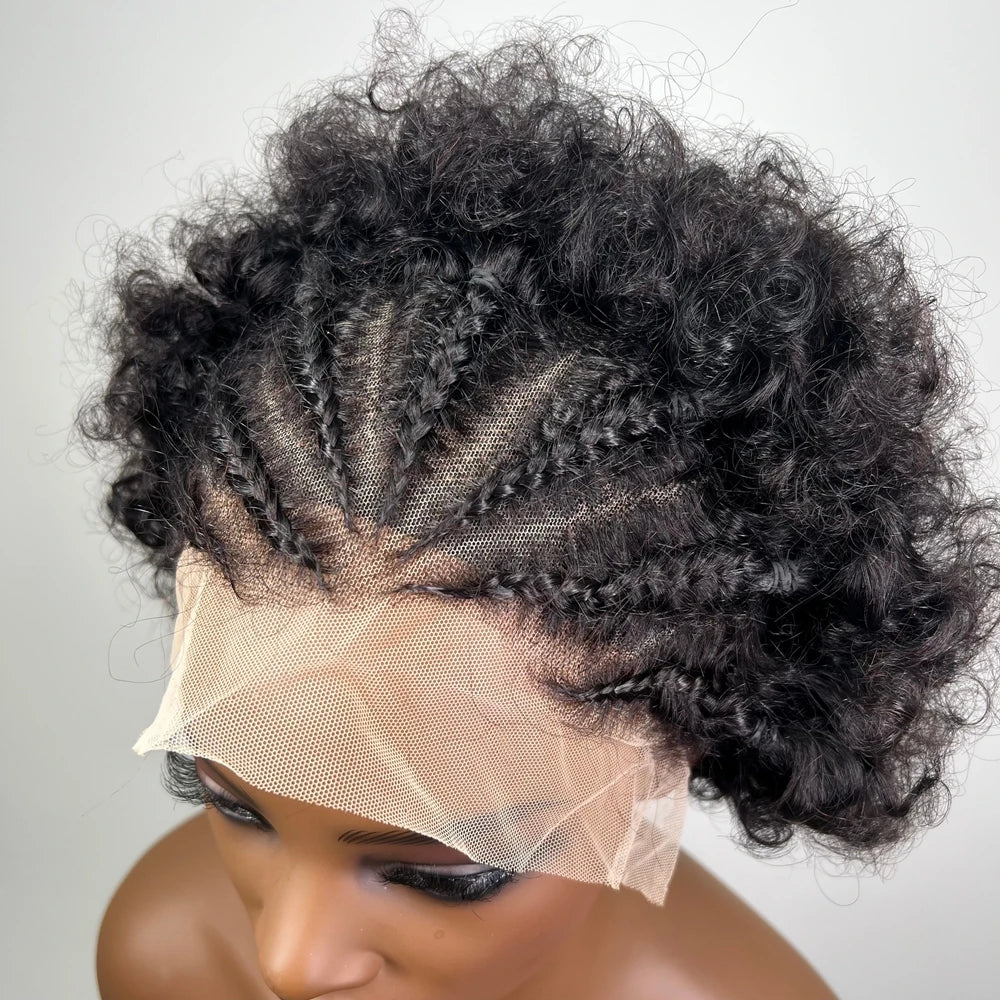 13x4 Lace Braided Wig Handmade Human Hair Afro 13x4 Lace Frontal Wig Cornrow Soft Afro Kinky Curly Wig Wog for Black Women
