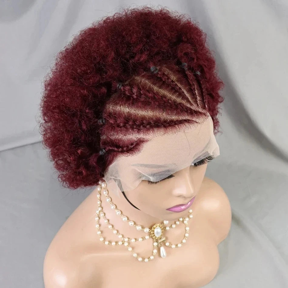 13x4 Lace Frontal Short Afro Kinky Curly Bob Braided Hair Wig 8 Inch Black Human Hair Wigs PrePlucked Bouncy Curly Wig for Women