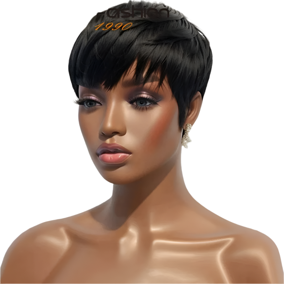 1B Pixie Short Cut Colored Straight Human Hair Wigs With Bangs Fringe Full Machine Made Wigs For Women Brazilian Natural Black