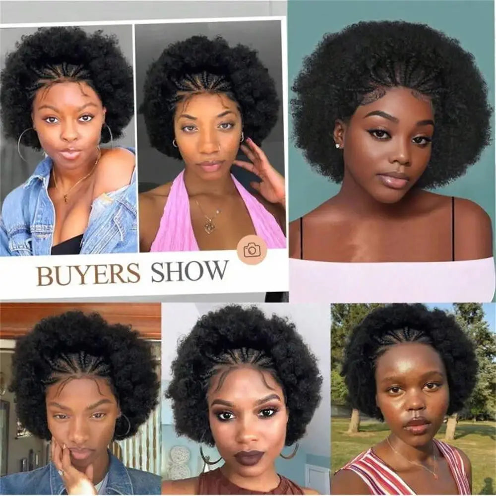 13x4 Lace Frontal Short Afro Kinky Curly Bob Braided Hair Wig 8 Inch Black Human Hair Wigs PrePlucked Bouncy Curly Wig for Women