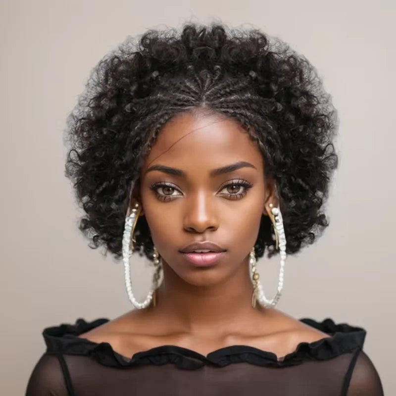13x4 Lace Braided Wig Handmade Human Hair Afro 13x4 Lace Frontal Wig Cornrow Soft Afro Kinky Curly Wig Wog for Black Women
