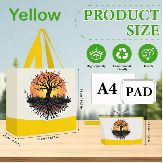 Yellow - Tree of Life Canvas Tote Bag with Matching Pouch | Reusable Aesthetic Shopper Bag Gift