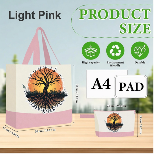 Light Pink - Tree of Life Canvas Tote Bag with Matching Pouch | Reusable Aesthetic Shopper Bag Gift