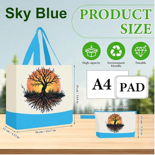 Sky Blue - Tree of Life Canvas Tote Bag with Matching Pouch | Reusable Aesthetic Shopper Bag Gift