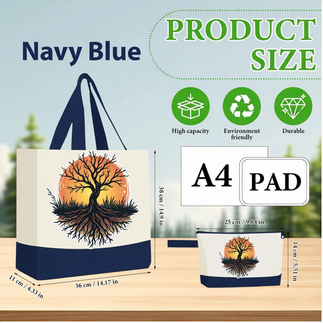 Medium Blue  - Tree of Life Canvas Tote Bag with Matching Pouch | Reusable Aesthetic Shopper Bag Gift