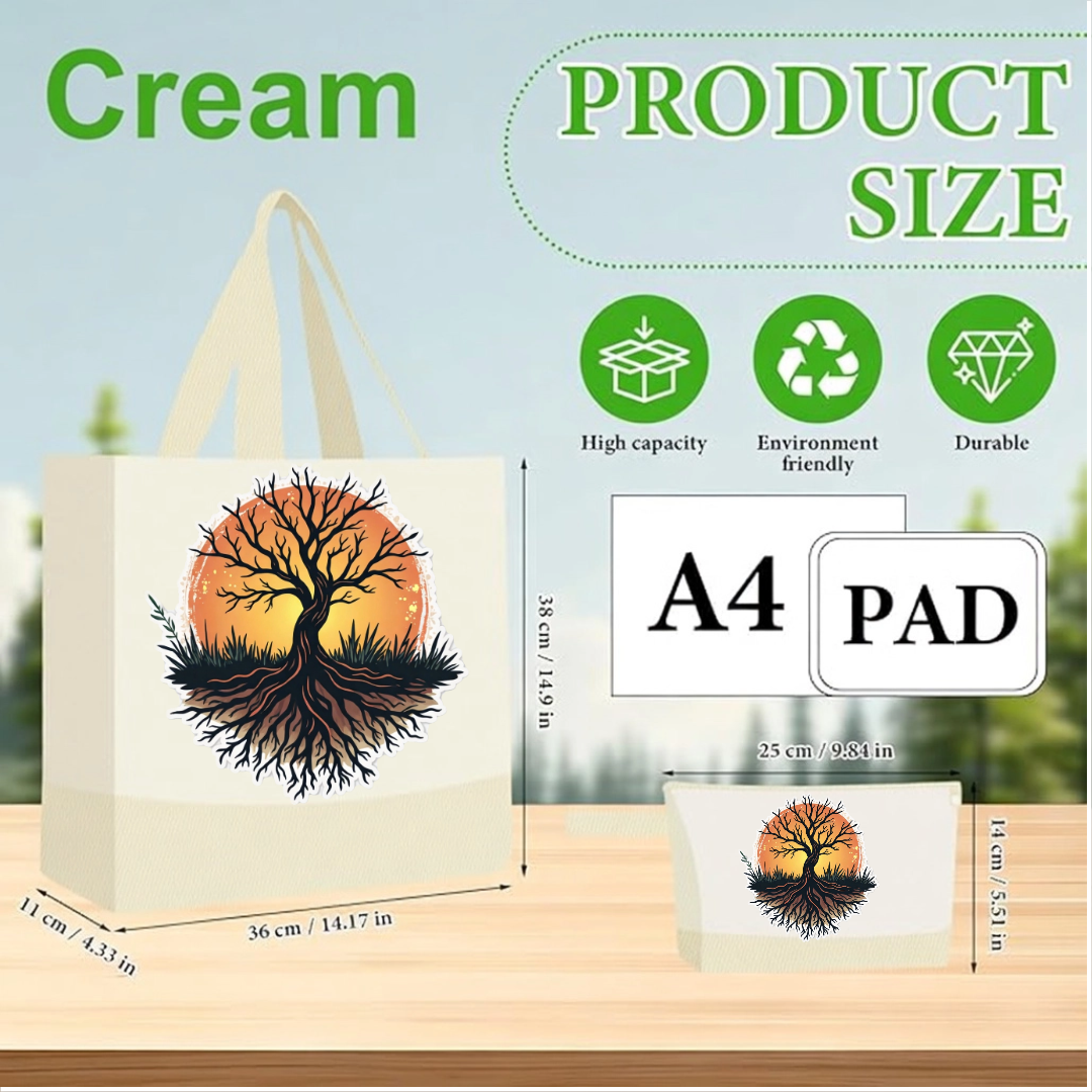 Medium Blue  - Tree of Life Canvas Tote Bag with Matching Pouch | Reusable Aesthetic Shopper Bag Gift