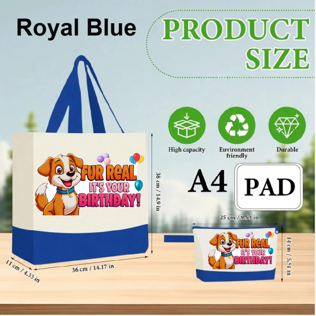 Fur Real It’s Your Birthday Canvas Tote Bag with Matching Pouch | Funny Birthday Gift Shopper Bag in 15 colors