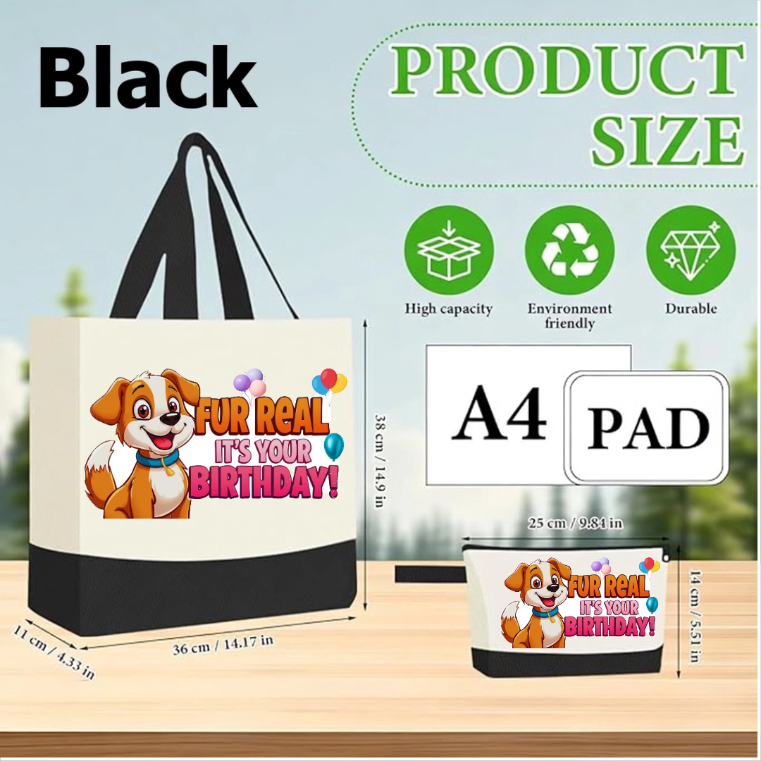 Fur Real It’s Your Birthday Canvas Tote Bag with Matching Pouch | Funny Birthday Gift Shopper Bag in 15 colors