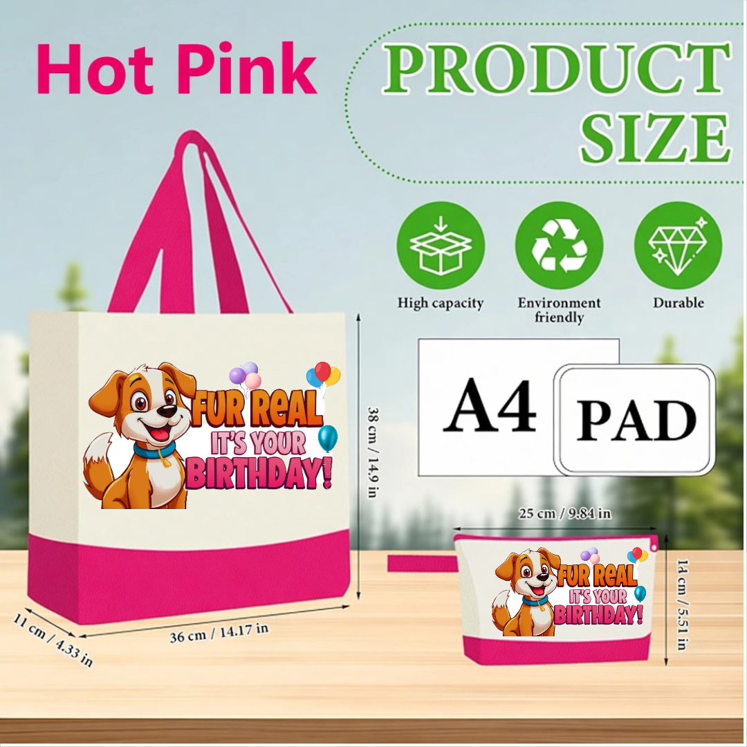 Fur Real It’s Your Birthday Canvas Tote Bag with Matching Pouch | Funny Birthday Gift Shopper Bag in 15 colors