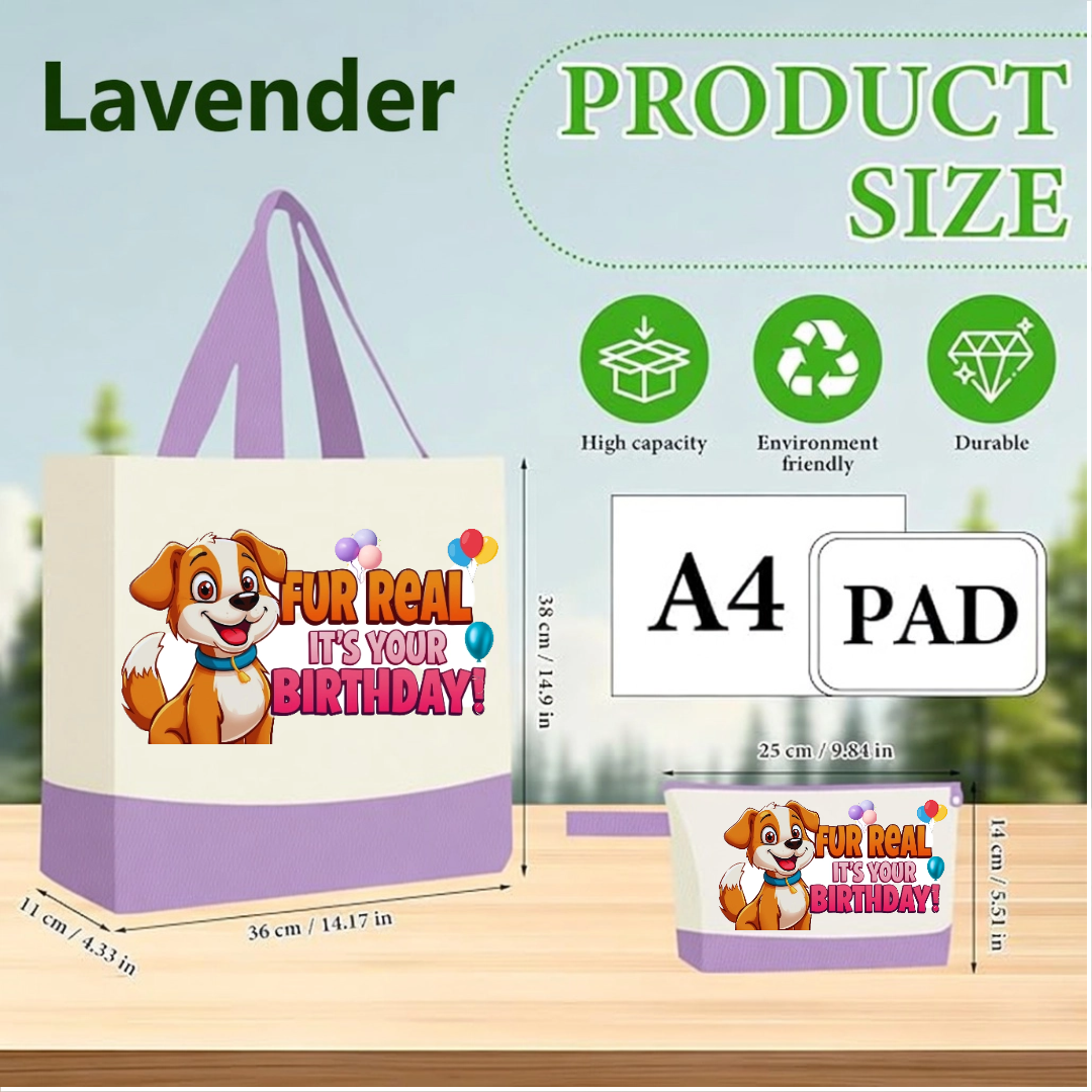 Lavender tote bag and A4 pad with cartoon dog design and text on a wooden surface.