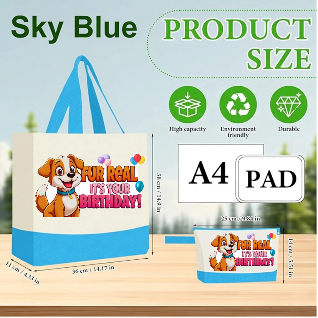 Fur Real It’s Your Birthday Canvas Tote Bag with Matching Pouch | Funny Birthday Gift Shopper Bag in 15 colors