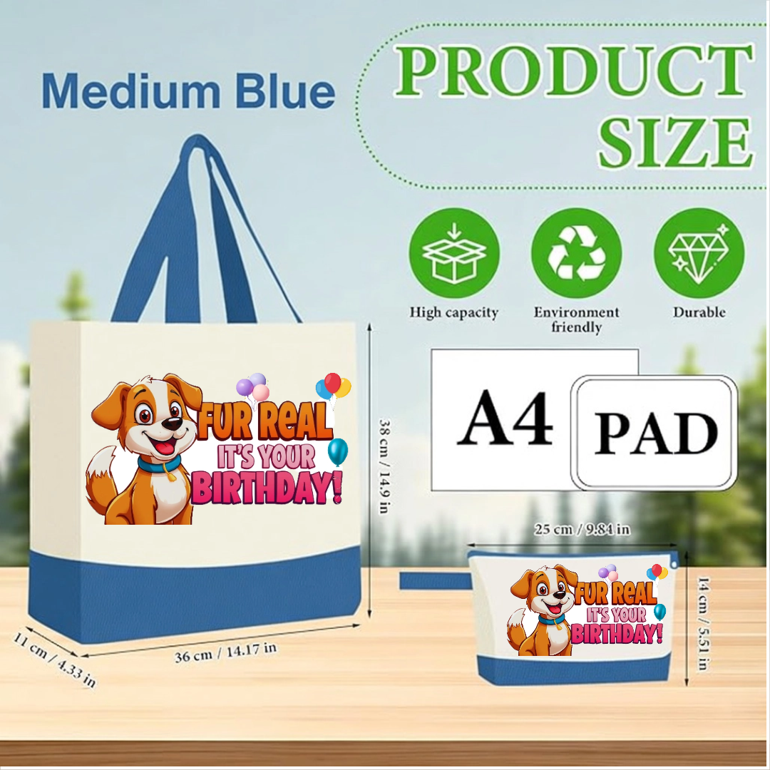 Fur Real It’s Your Birthday Canvas Tote Bag with Matching Pouch | Funny Birthday Gift Shopper Bag in 15 colors