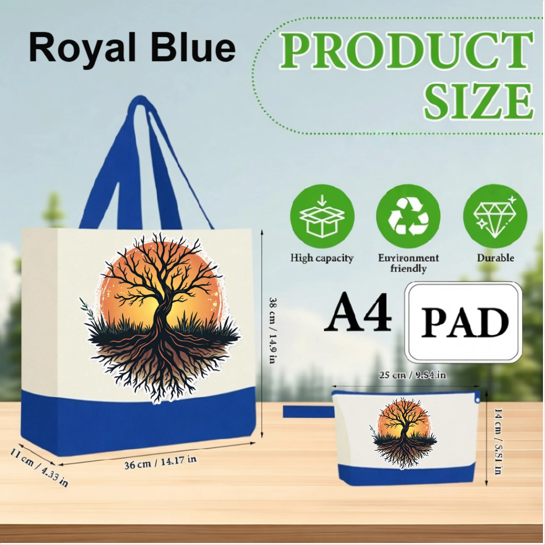 Medium Blue  - Tree of Life Canvas Tote Bag with Matching Pouch | Reusable Aesthetic Shopper Bag Gift