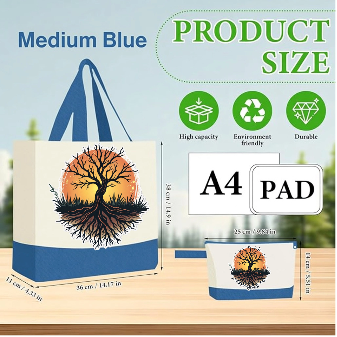 Medium Blue  - Tree of Life Canvas Tote Bag with Matching Pouch | Reusable Aesthetic Shopper Bag Gift