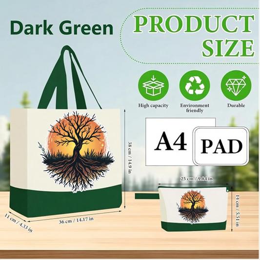 Dark Green   - Tree of Life Canvas Tote Bag with Matching Pouch | Reusable Aesthetic Shopper Bag Gift