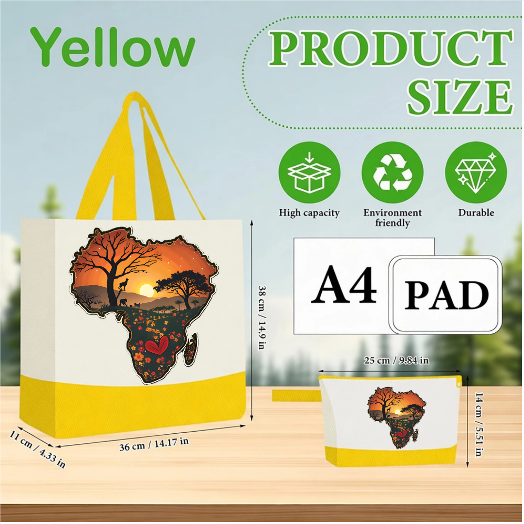 Bright Green Handmade African Sunset Canvas Tote Bag & Matching Zipper Pouch Set.